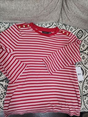 Rafaella Red & White Striped 3/4 Sleeve Top with Gold Buttons M New